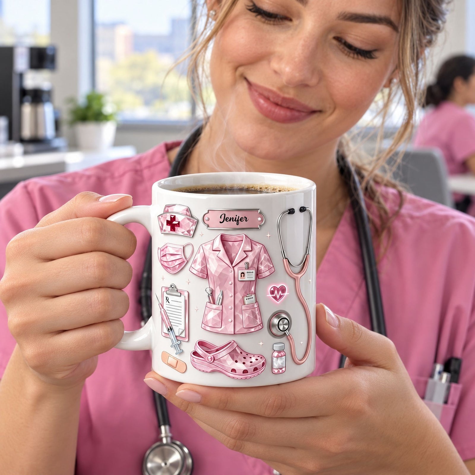 Custom Name Nurse Life white ceramic mug held by a nurse in pink scrubs with steam rising