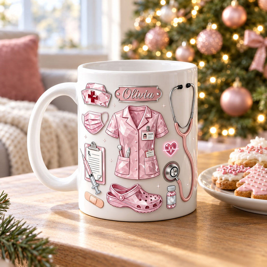 Personalized nurse ceramic mug on a table near a bright Christmas tree for holiday gifting