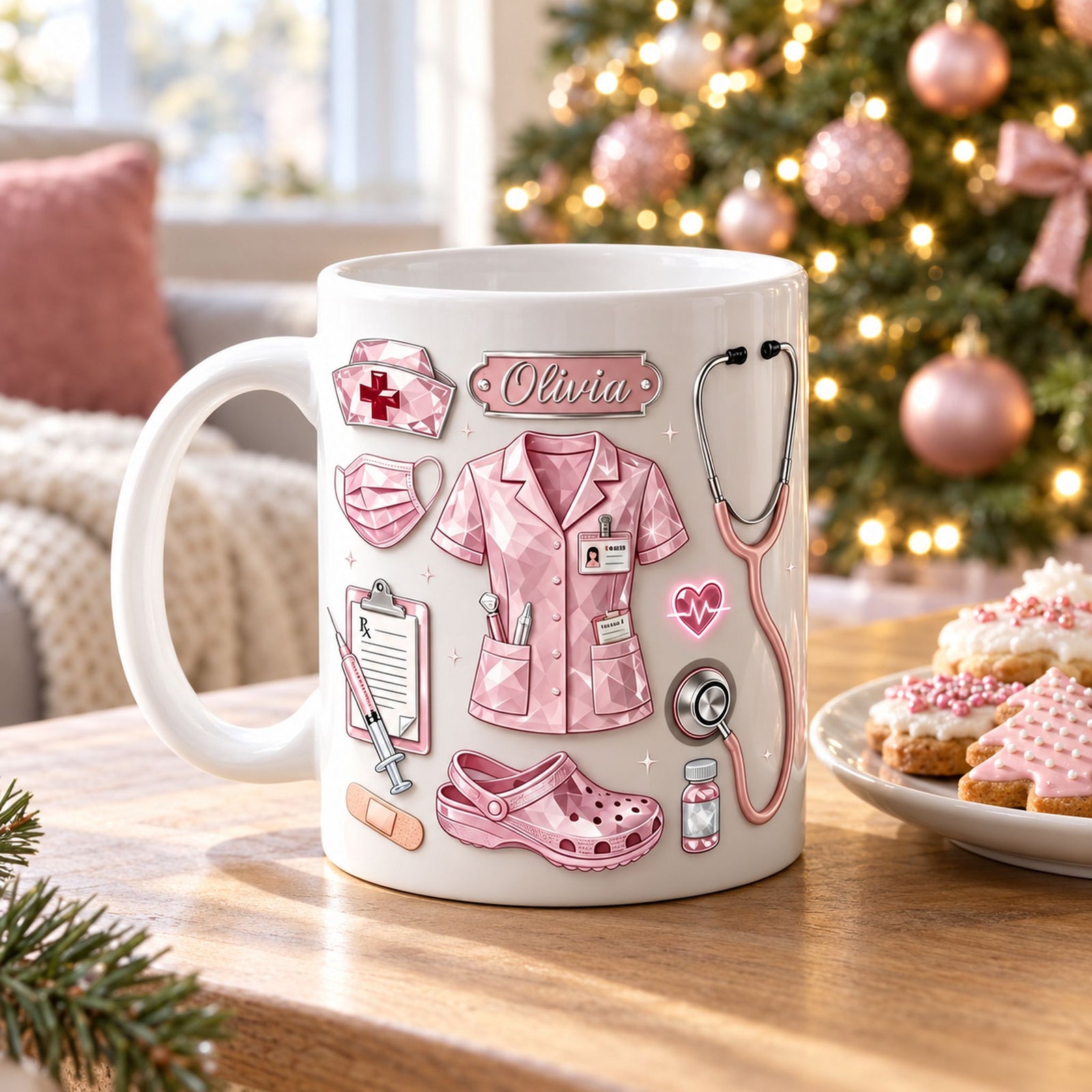 Personalized nurse ceramic mug on a table near a bright Christmas tree for holiday gifting