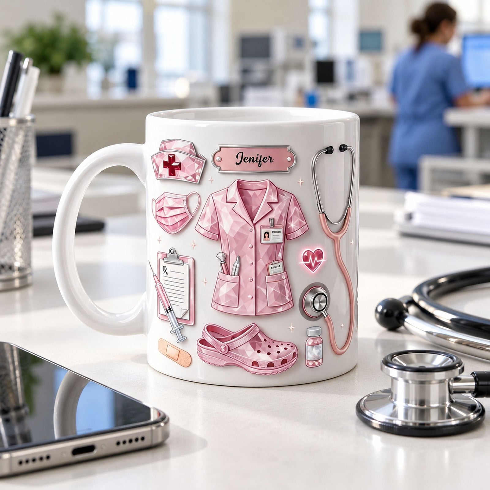 Personalized nurse mug next to a stethoscope and smartphone on desk showing real size