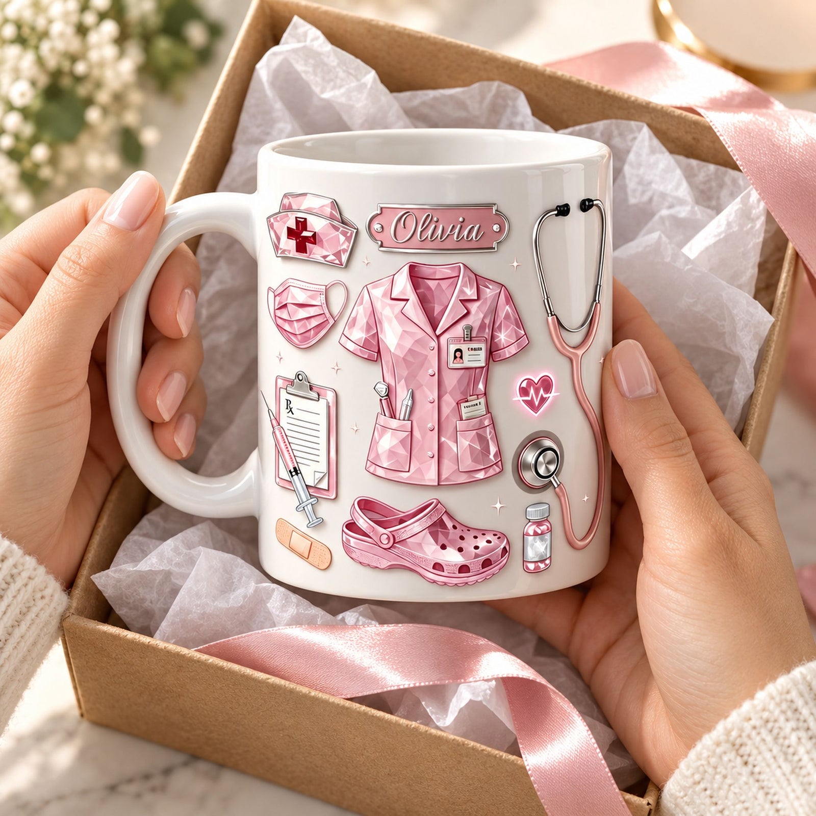 Custom nurse coffee mug being unwrapped from a gift box with white tissue paper and pink ribbon