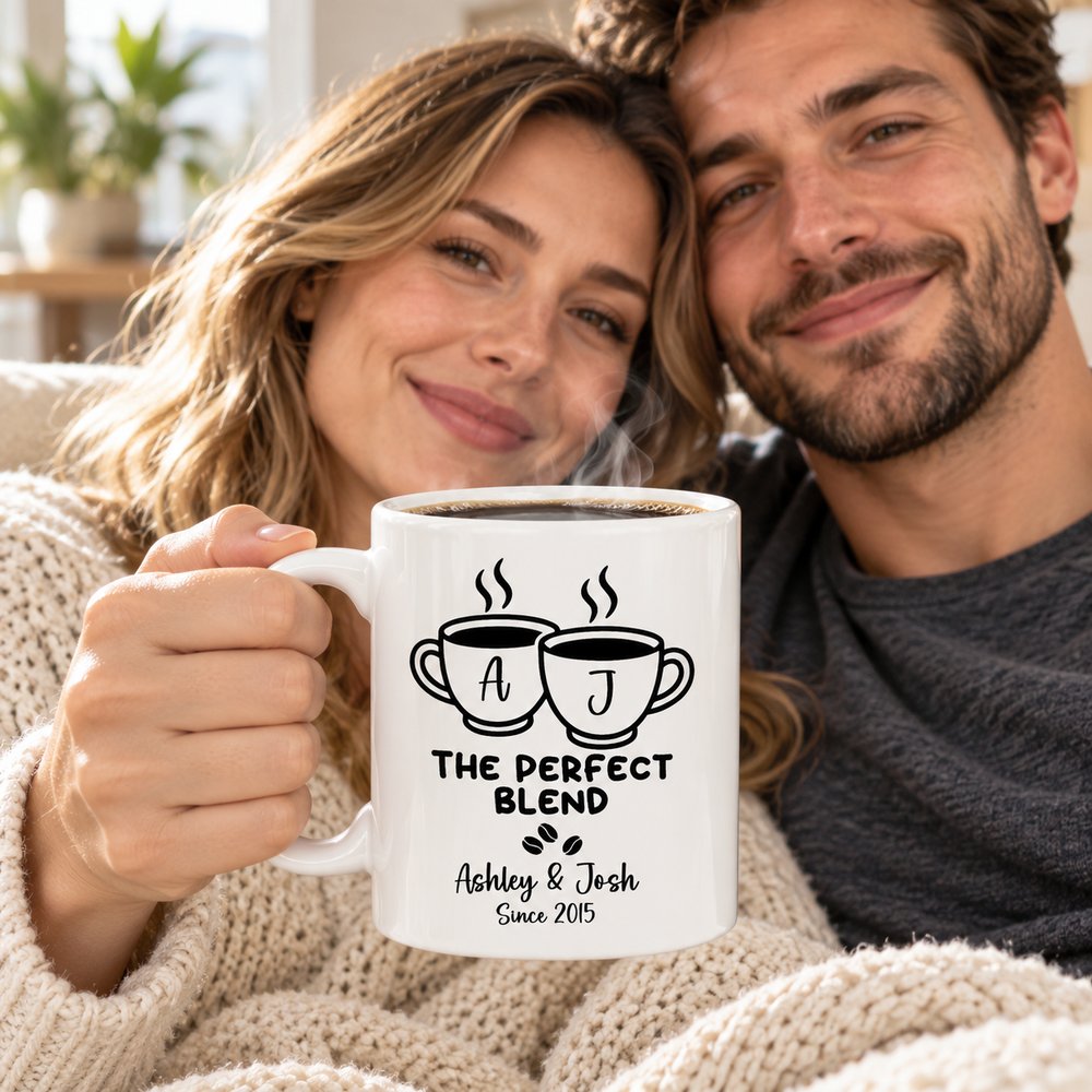 Couple holding Personalized The Perfect Blend coffee mug with warm steam