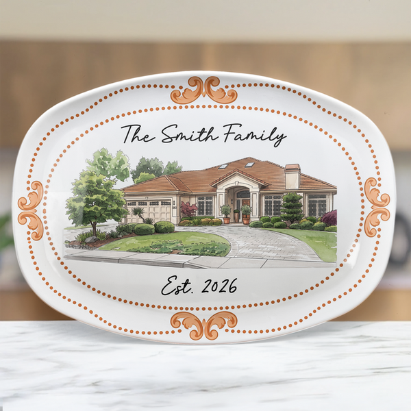 Custom Photo New House Watercolor Art - Personalized Platter - Gift For Family, Housewarming Gift