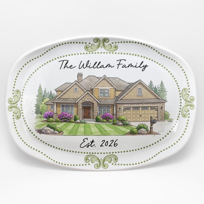 Custom Photo New House Watercolor Art - Personalized Platter - Gift For Family, Housewarming Gift