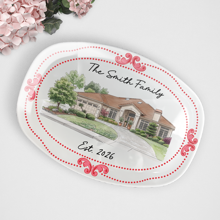 Custom Photo New House Watercolor Art - Personalized Platter - Gift For Family, Housewarming Gift