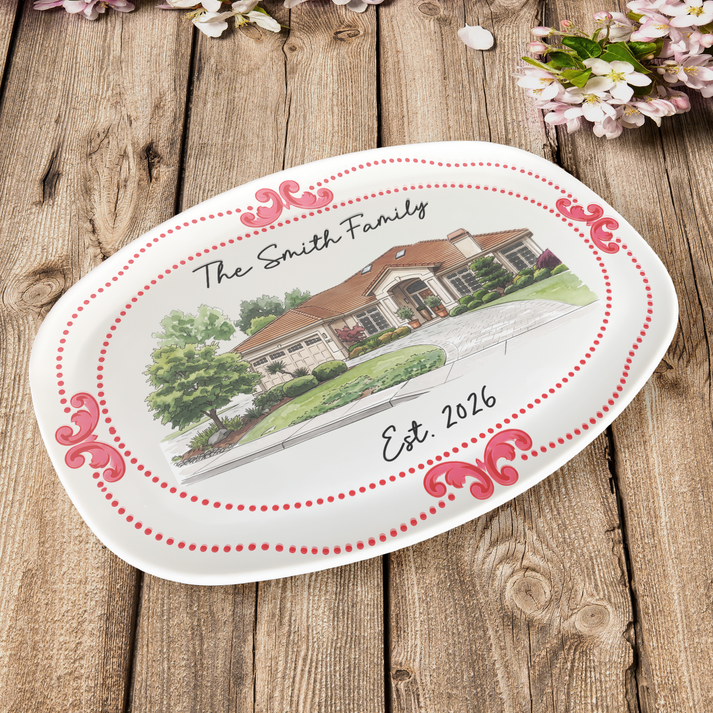 Custom Photo New House Watercolor Art - Personalized Platter - Gift For Family, Housewarming Gift