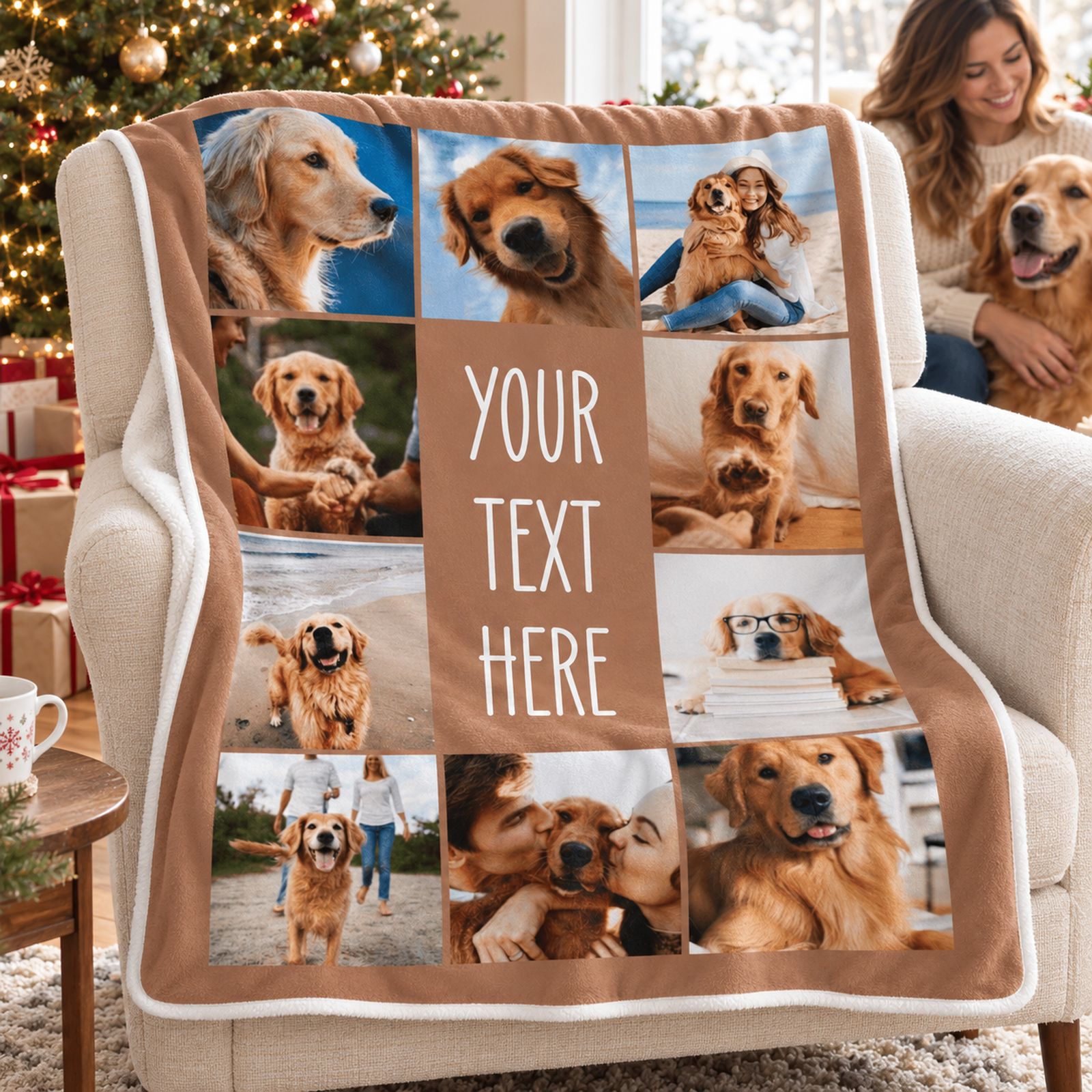 Personalized pet photo blanket displayed on an armchair next to a holiday Christmas tree