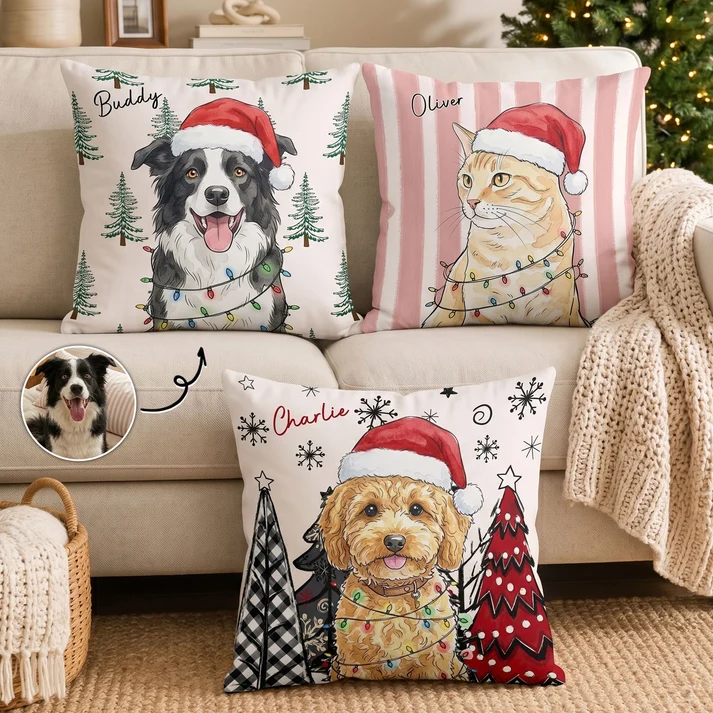 Custom Photo Pet Watercolor Art Christmas Winter - Personalized Custom Pillow - Gift for Dog Lovers, Cat Lovers, Pet Lovers