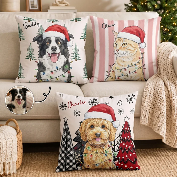 Custom Photo Pet Watercolor Art Christmas Winter - Personalized Custom Pillow - Gift for Dog Lovers, Cat Lovers, Pet Lovers