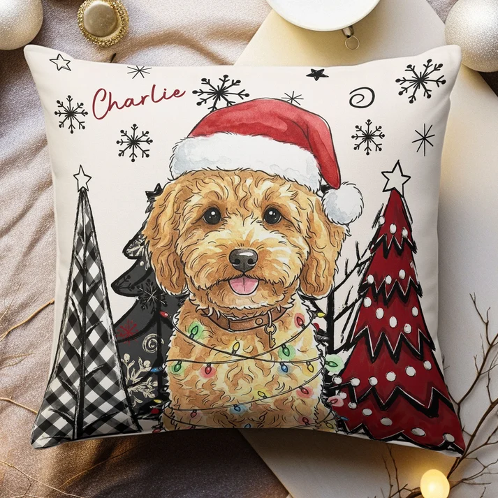 Custom Photo Pet Watercolor Art Christmas Winter - Personalized Custom Pillow - Gift for Dog Lovers, Cat Lovers, Pet Lovers