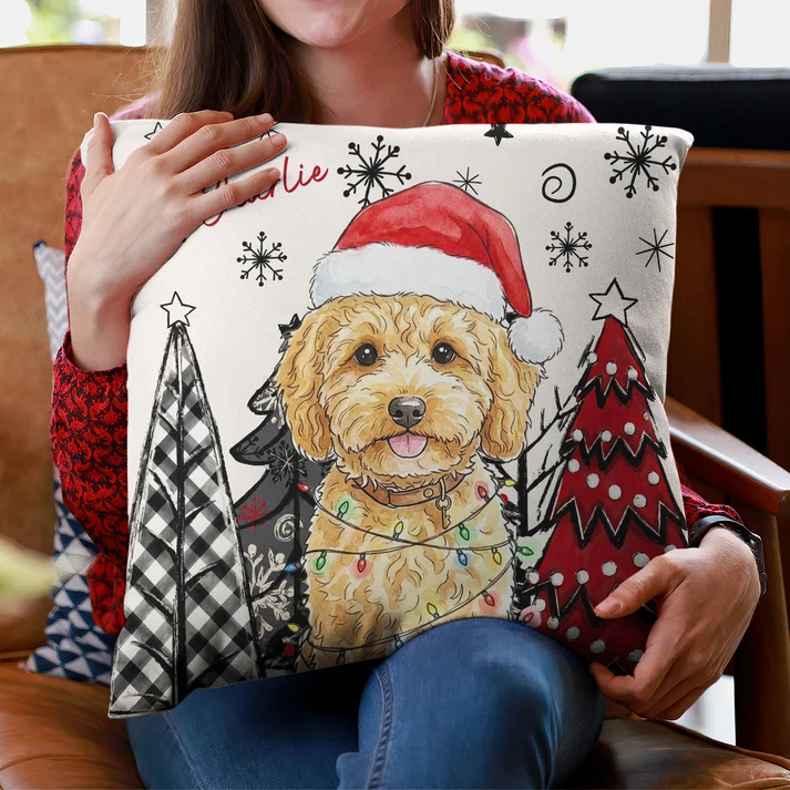 Custom Photo Pet Watercolor Art Christmas Winter - Personalized Custom Pillow - Gift for Dog Lovers, Cat Lovers, Pet Lovers