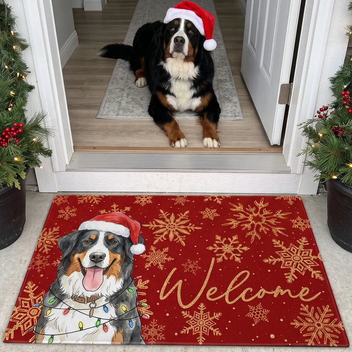 Custom Photo Pet Portrait Watercolor Art Snowflake Christmas - Personalized Doormat - Personalized Gift for Dog Lovers, Cat Lovers, Pet Lovers