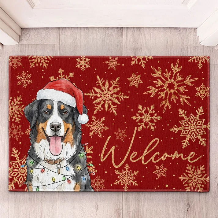 Custom Photo Pet Portrait Watercolor Art Snowflake Christmas - Personalized Doormat - Personalized Gift for Dog Lovers, Cat Lovers, Pet Lovers
