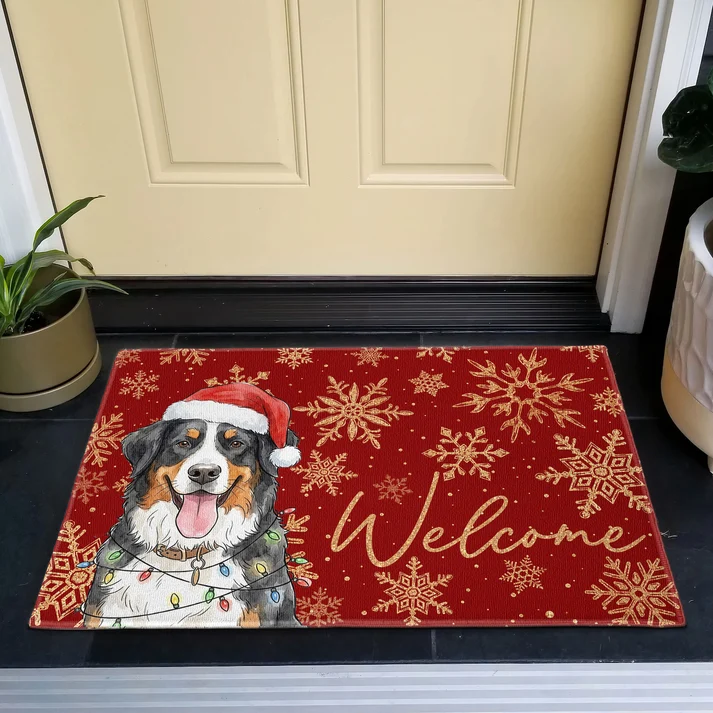 Custom Photo Pet Portrait Watercolor Art Snowflake Christmas - Personalized Doormat - Personalized Gift for Dog Lovers, Cat Lovers, Pet Lovers