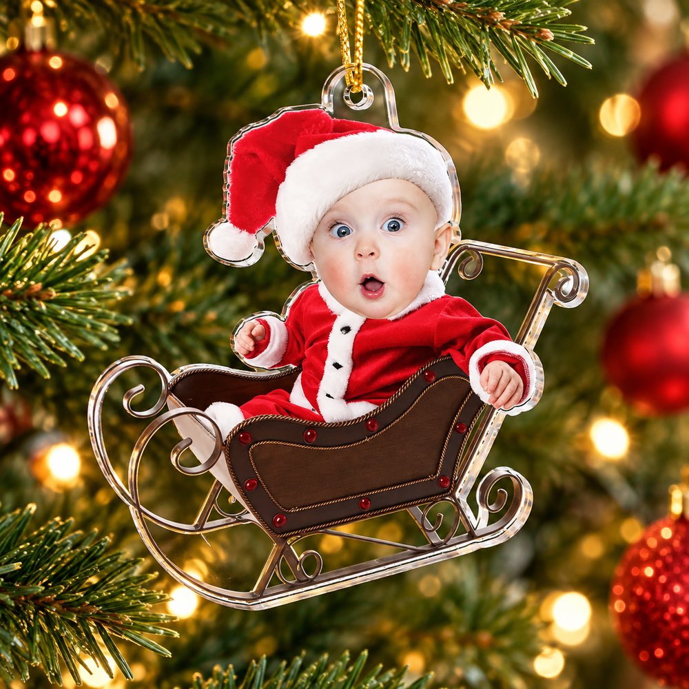 Custom photo newborn baby sleigh acrylic ornament hanging on a Christmas tree branch