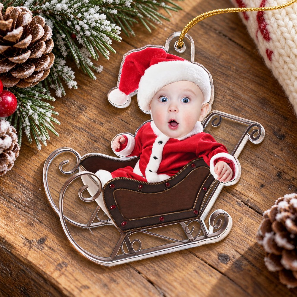 Personalized baby 1st Christmas acrylic ornament styled flat on a festive wooden mantel