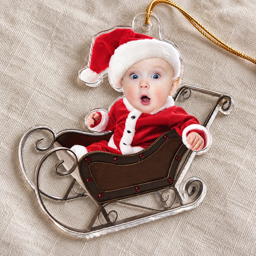 Macro closeup of the glossy acrylic edge and vibrant print on the baby Christmas ornament