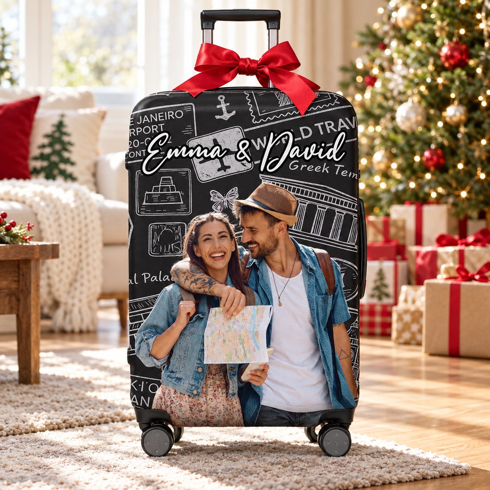 Personalized travel luggage cover on a suitcase next to a Christmas tree as a holiday gift
