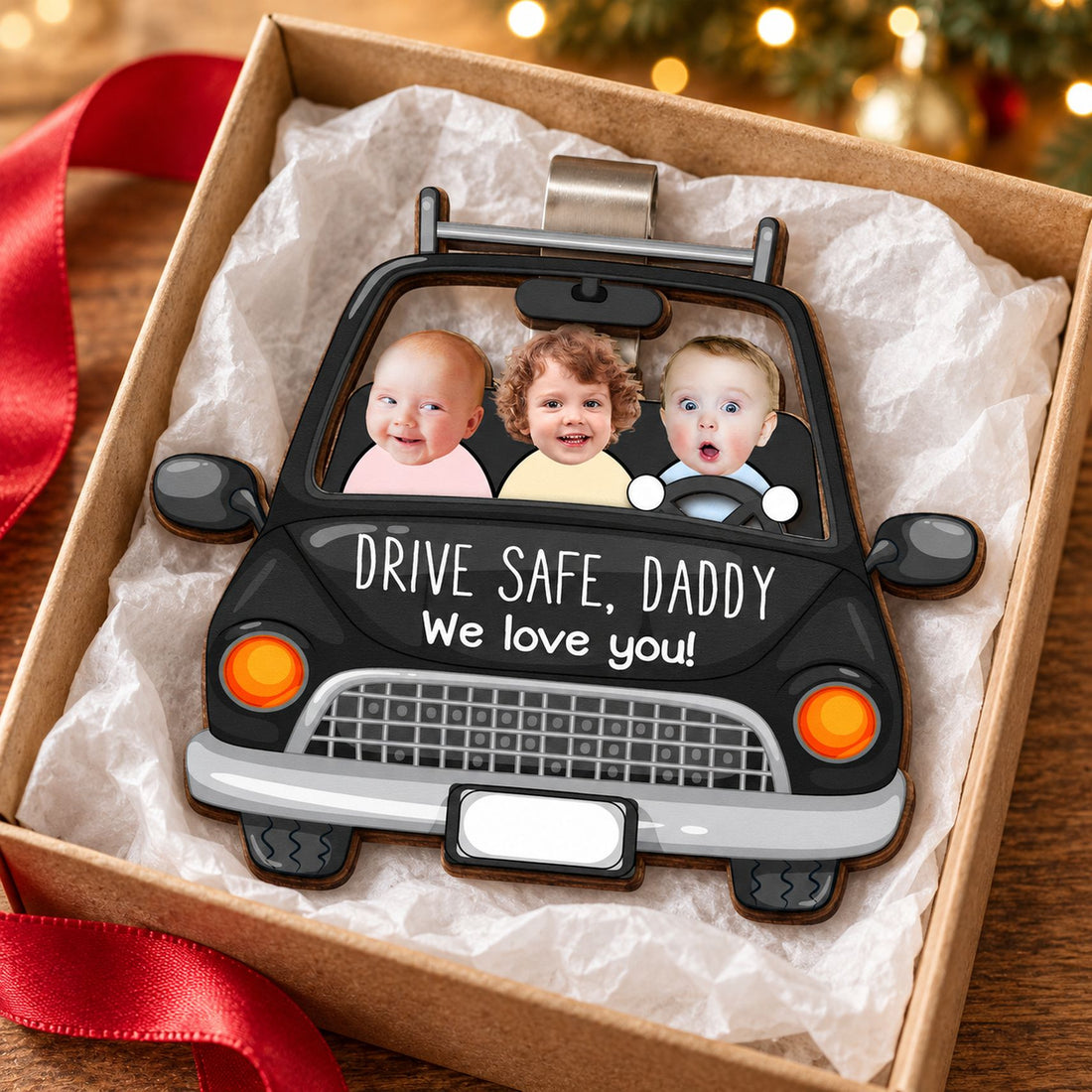 Drive Safe Daddy custom photo car visor clip in an open gift box for Christmas or Fathers Day