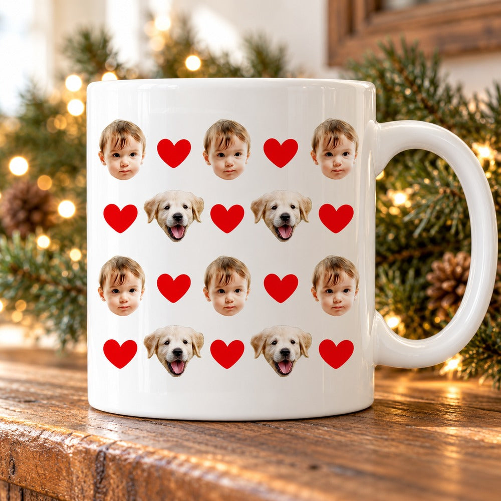 Custom baby and dog face ceramic mug on a holiday mantel with pine garland