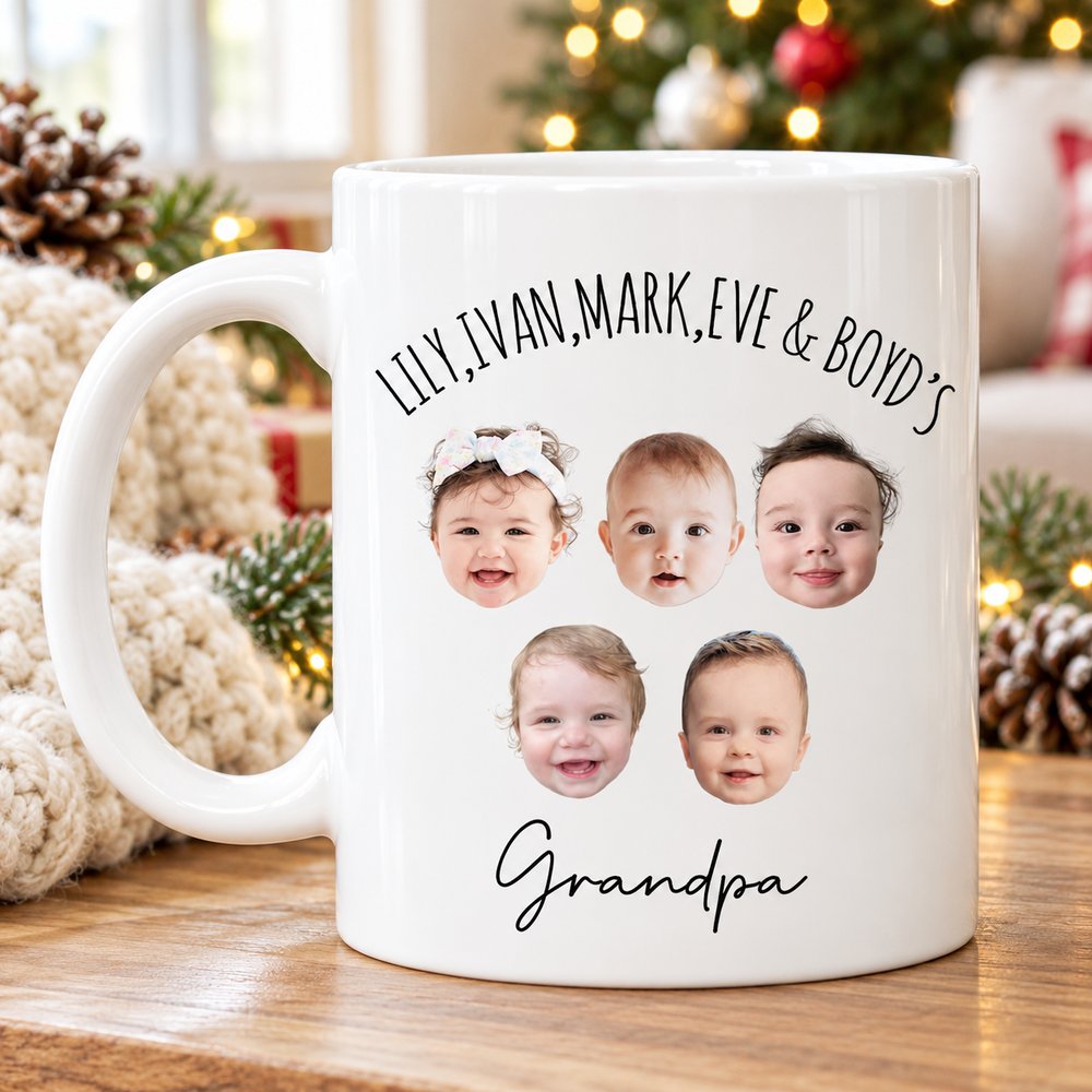Custom photo baby face mug for Grandma on wooden table near Christmas tree