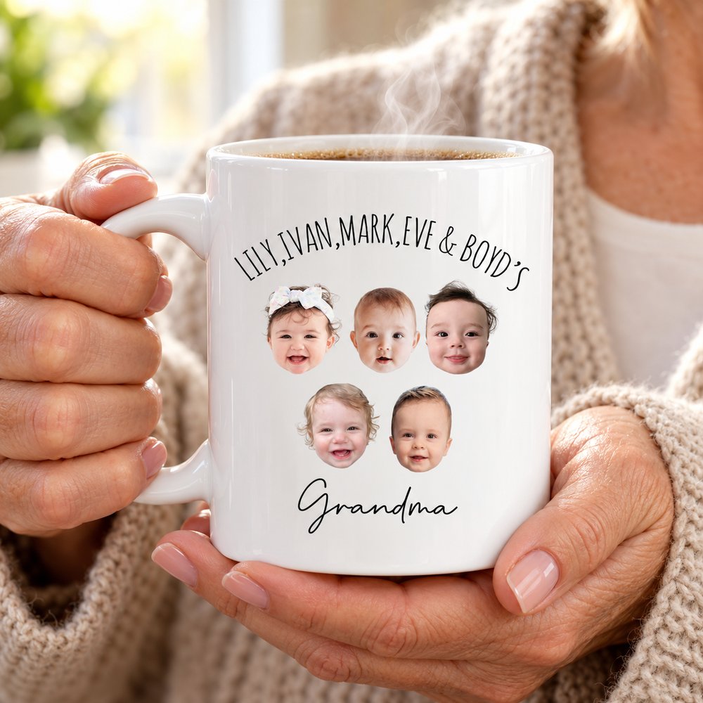 Grandma holding custom baby face coffee mug with warm steam rising
