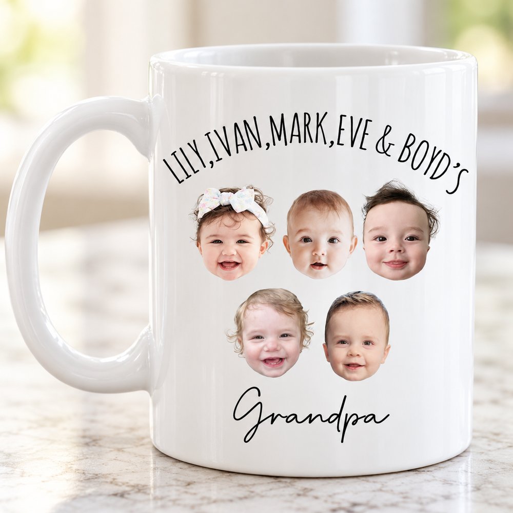 Macro closeup of glossy ceramic print detail on custom baby face mug