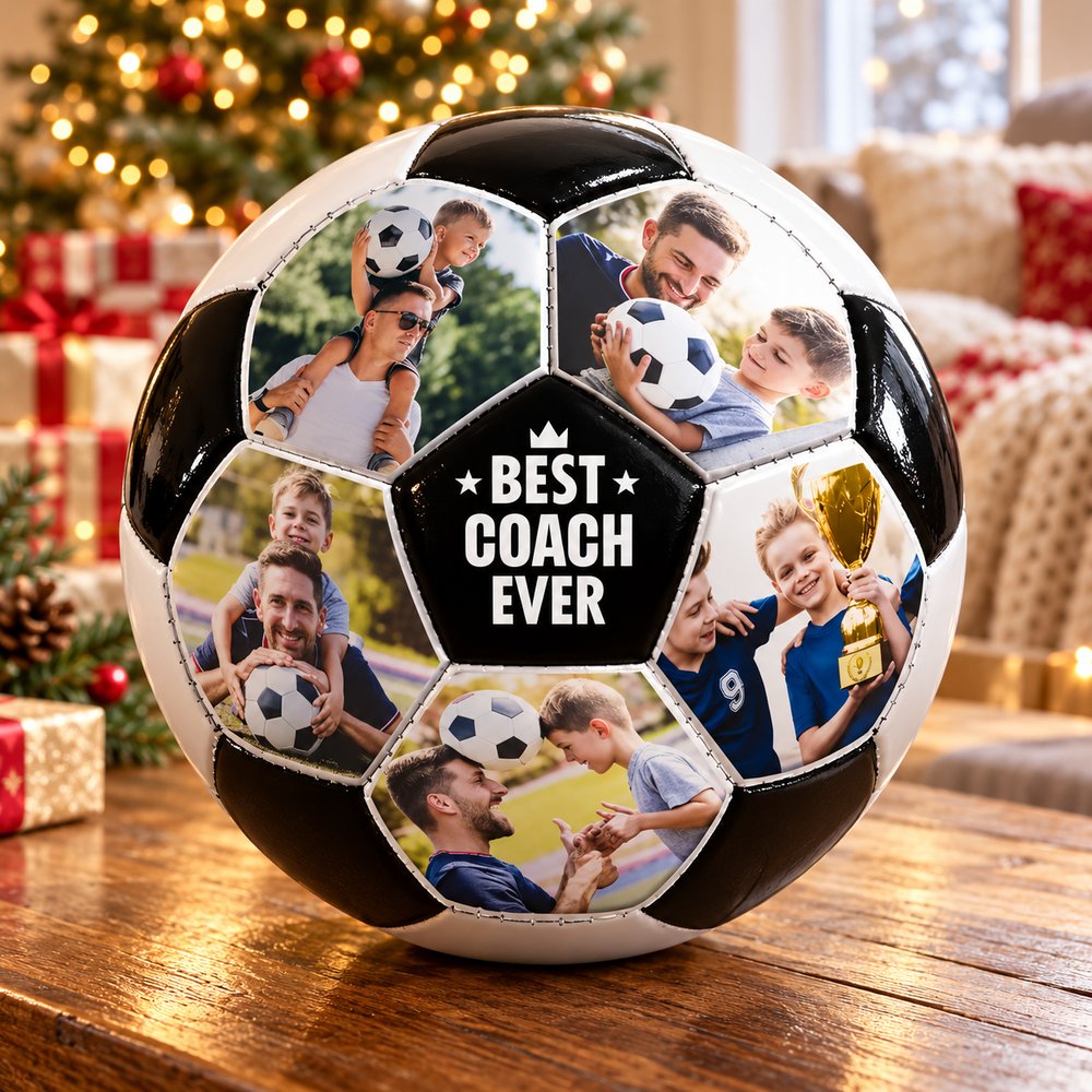 Personalized Best Coach Ever photo soccer ball on wooden table near Christmas tree