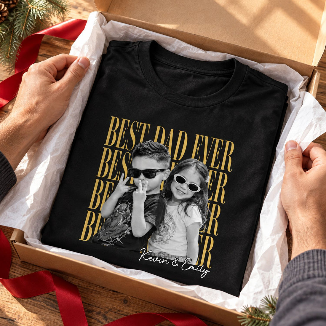 Custom Photo Best Dad Ever t-shirt folded in a holiday gift box with ribbon and tissue paper