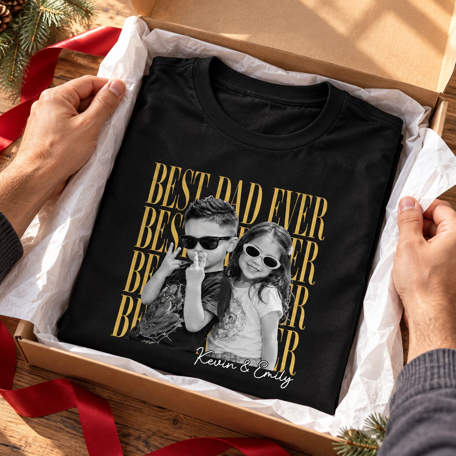 Custom Photo Best Dad Ever t-shirt folded in a holiday gift box with ribbon and tissue paper