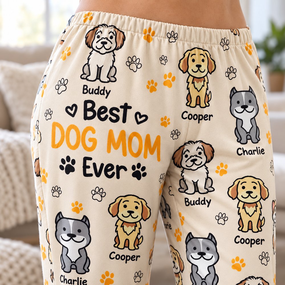Close-up of the soft polyester fabric and Best Dog Mom Ever cartoon pet print detail