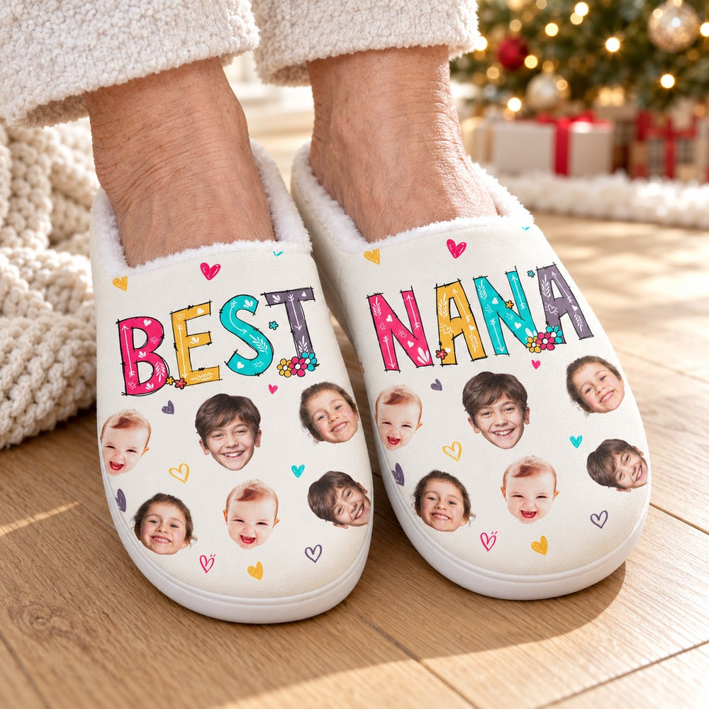 Grandma wearing personalized Best Nana photo slippers on hardwood floor near Christmas tree