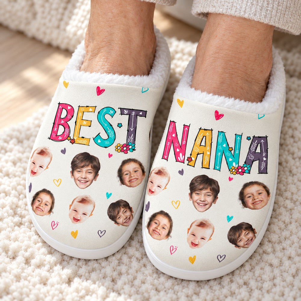 Close-up detail of personalized Best Nana slippers showing print texture and plush lining
