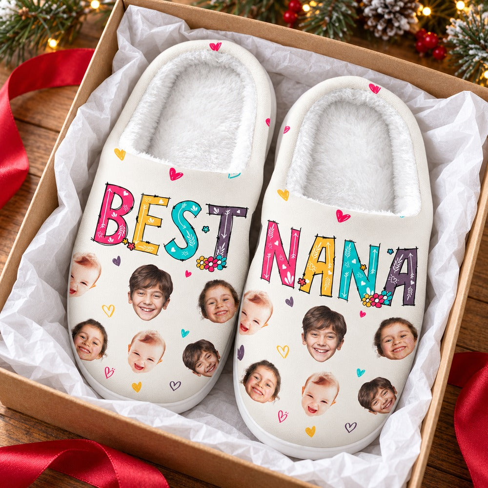 Personalized Best Nana photo slippers in an open holiday gift box with ribbon