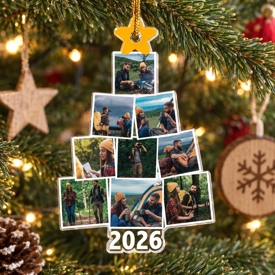 Custom photo camping Christmas tree acrylic ornament hanging on a bright festive pine branch