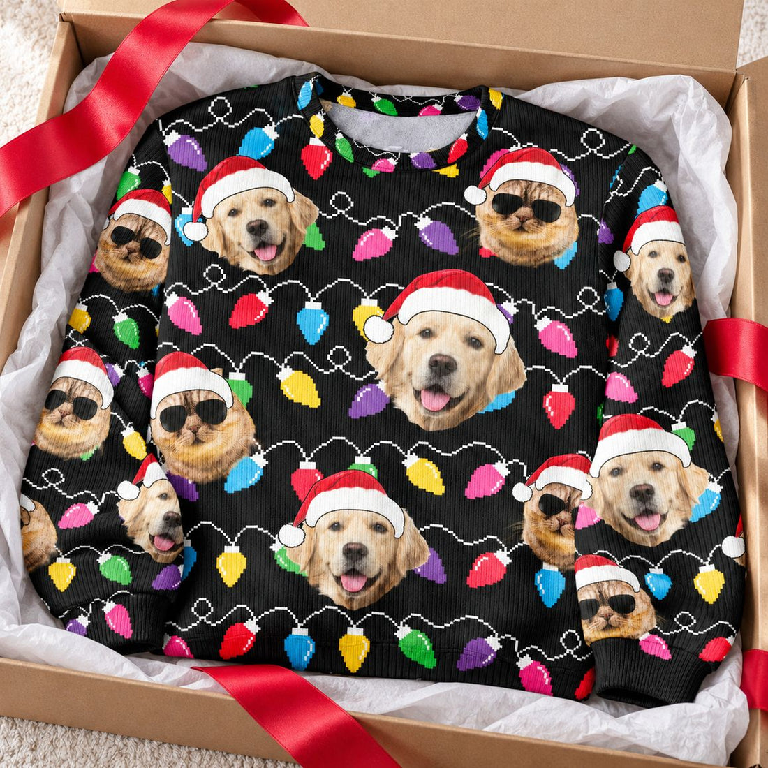 Custom dog and cat photo ugly Christmas sweater in open holiday gift box with red ribbon