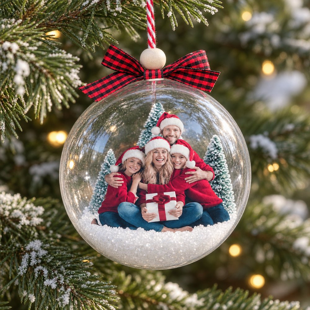 Close-up of custom photo Christmas ball ornament showing family cutout, faux snow, mini trees, and plaid bow