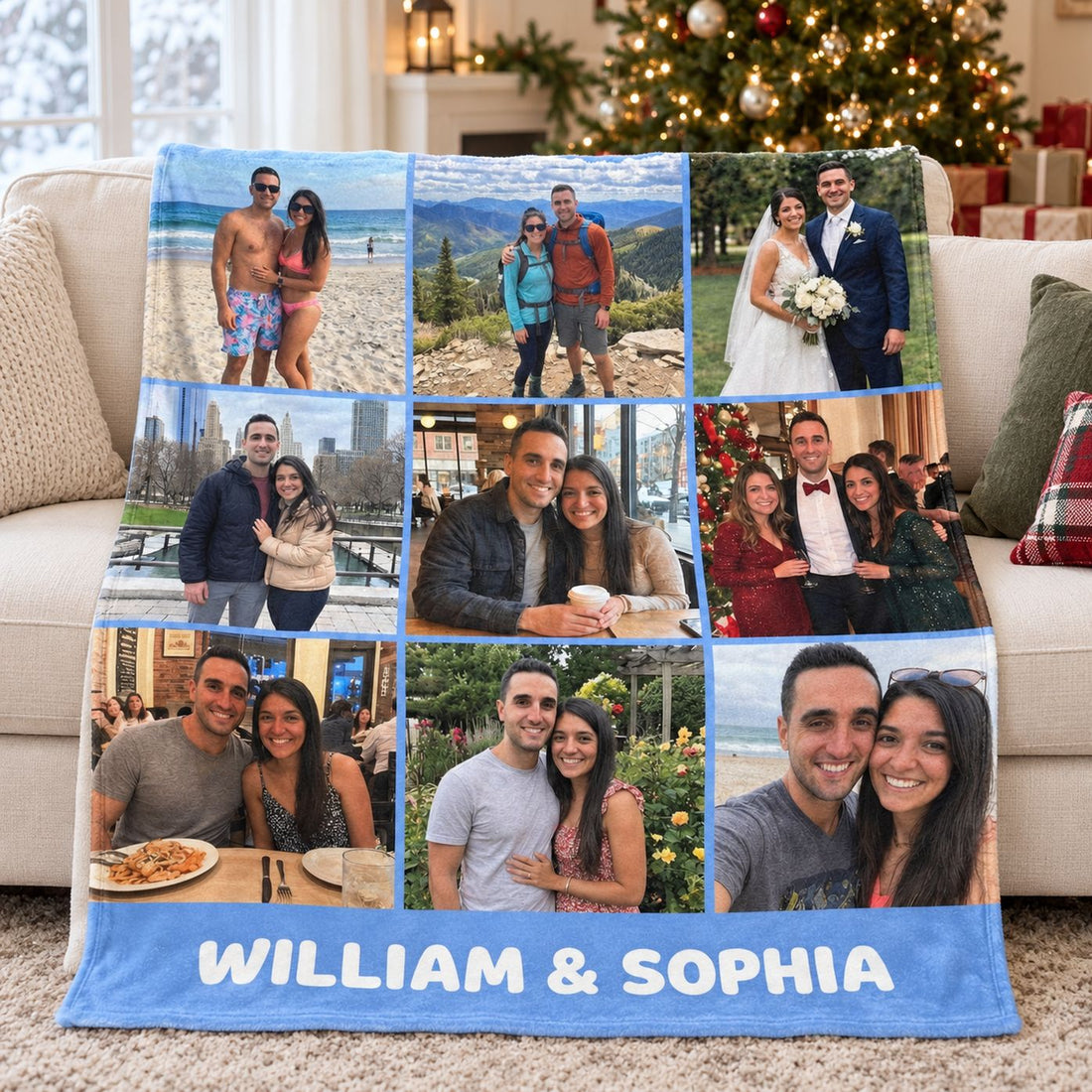 Custom photo couple fleece blanket draped on a sofa with a Christmas tree in the background
