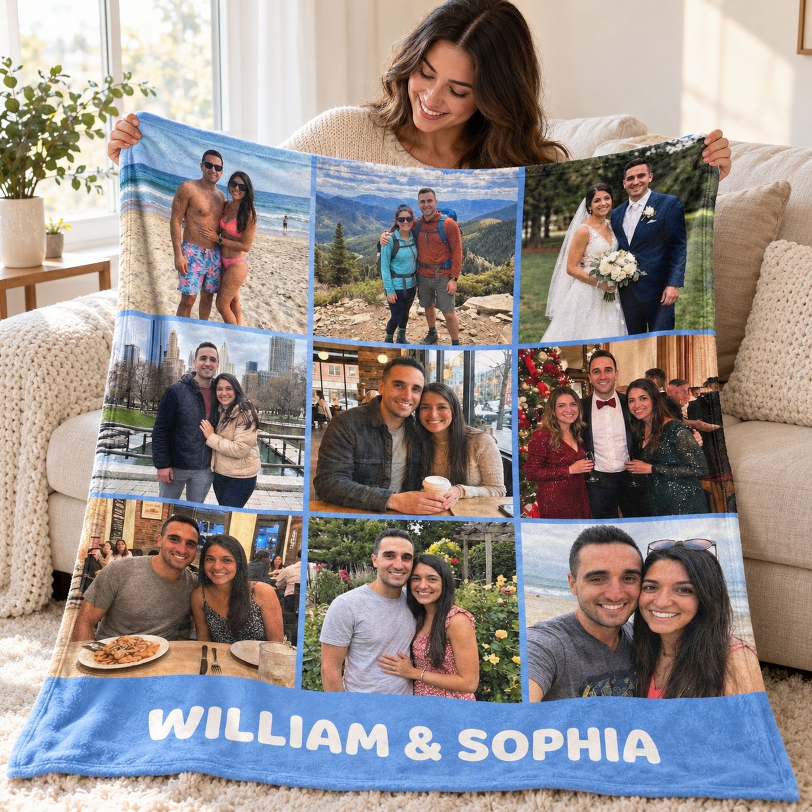 Happy wife holding her personalized couple photo collage blanket in a bright room