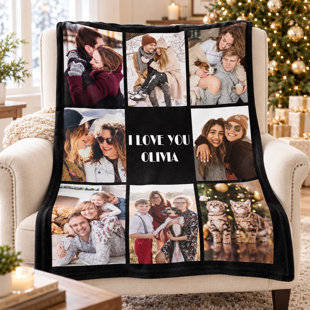 Custom photo couple fleece blanket with I Love You text draped on armchair near Christmas tree
