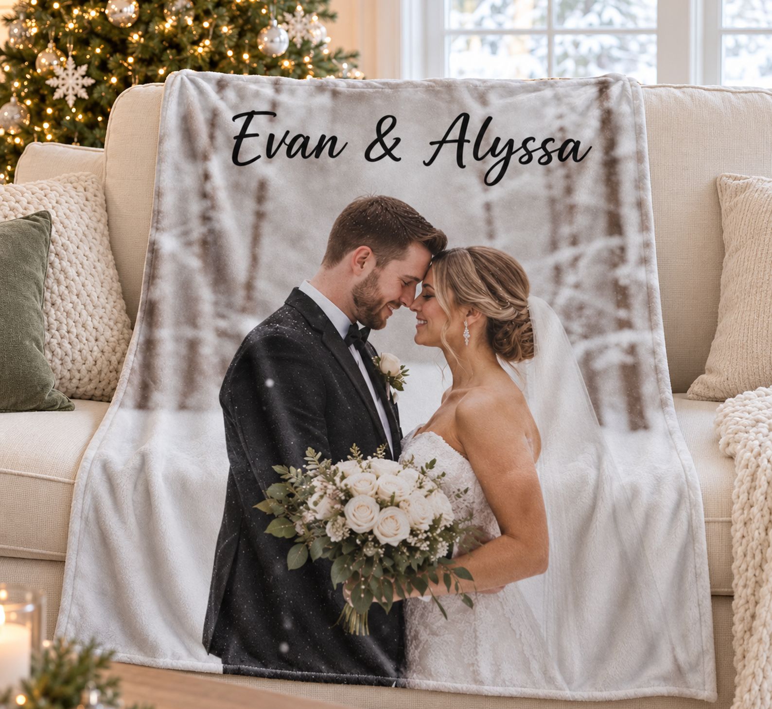 Custom Photo Couple Blanket draped on a cream sofa near a Christmas tree