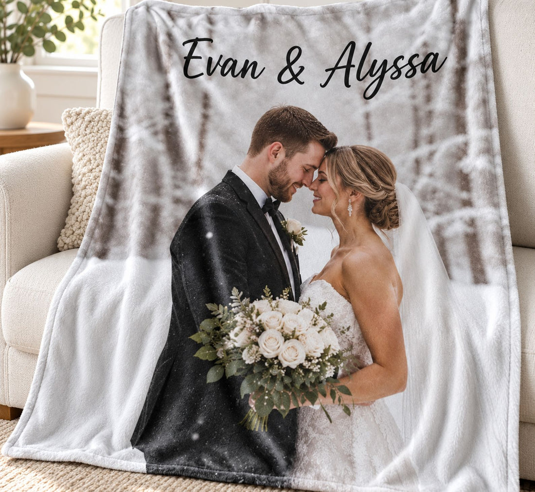 Close-up of the soft fleece print texture on the Custom Photo Couple Blanket
