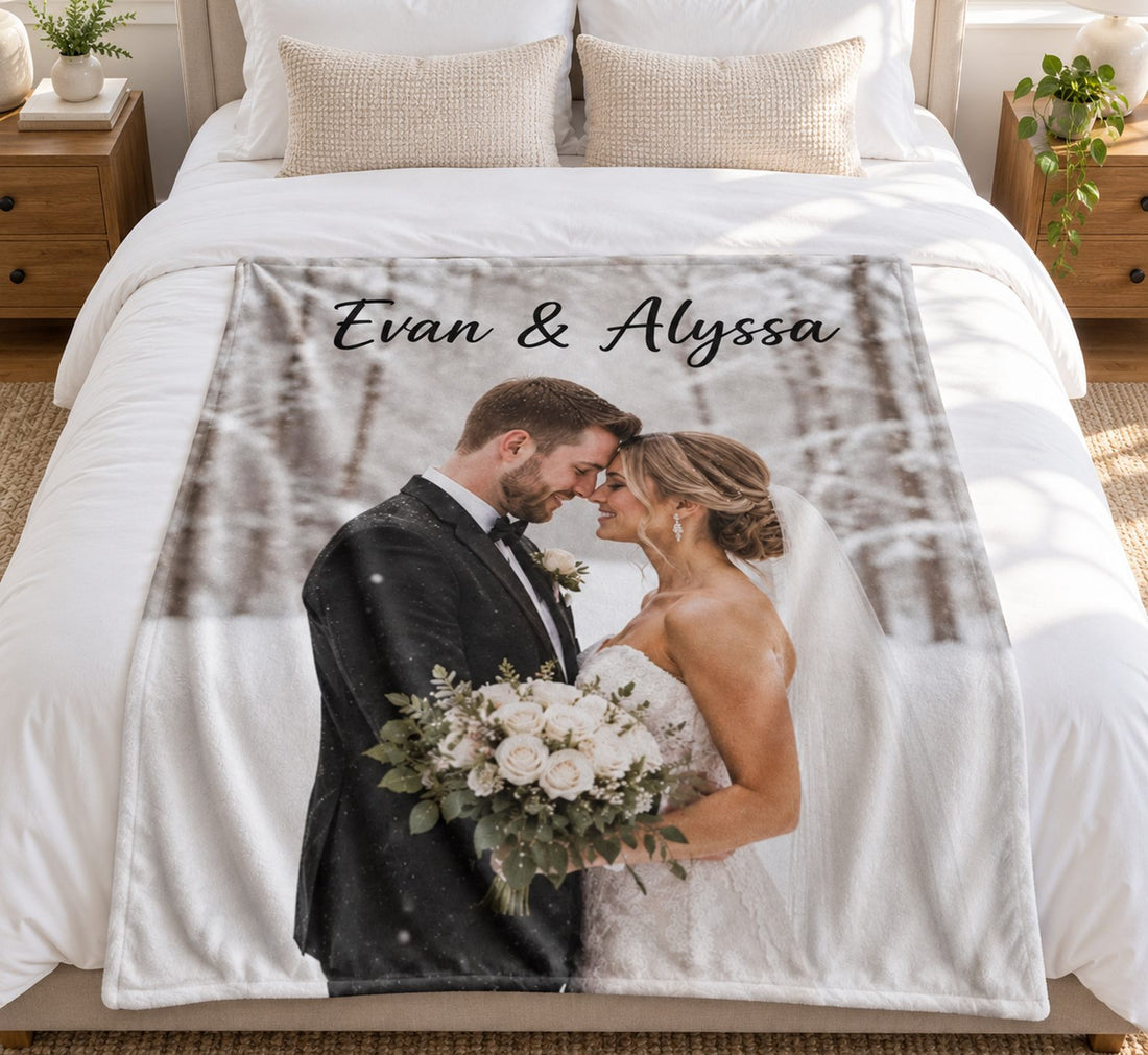 Custom Photo Couple Blanket laid flat on a queen bed to show 50x60 scale