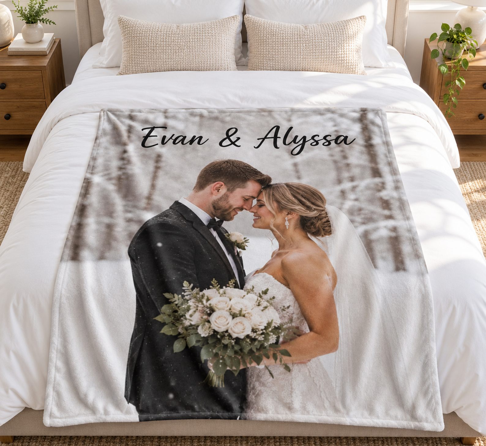Custom Photo Couple Blanket laid flat on a queen bed to show 50x60 scale
