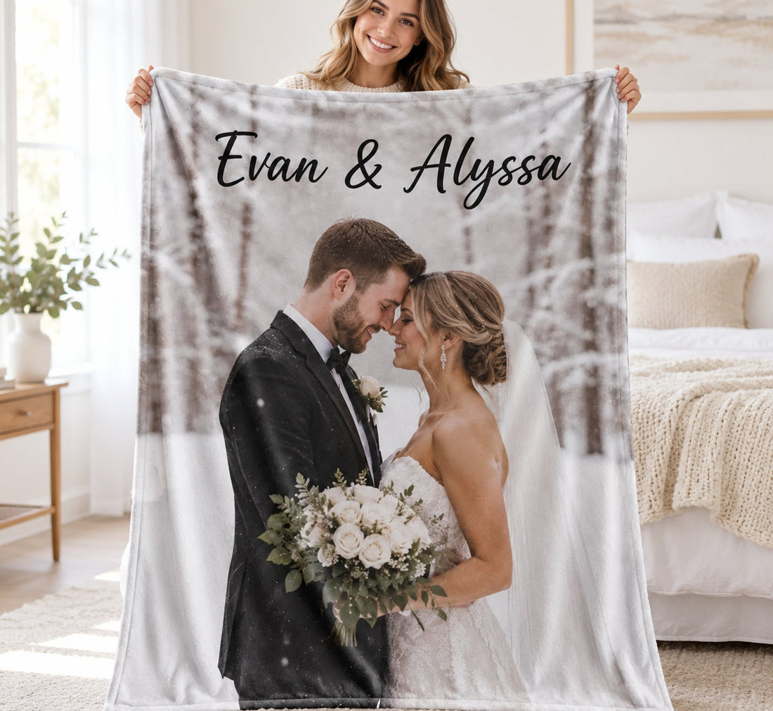 Wife happily holding her Custom Photo Couple Blanket in a bright bedroom