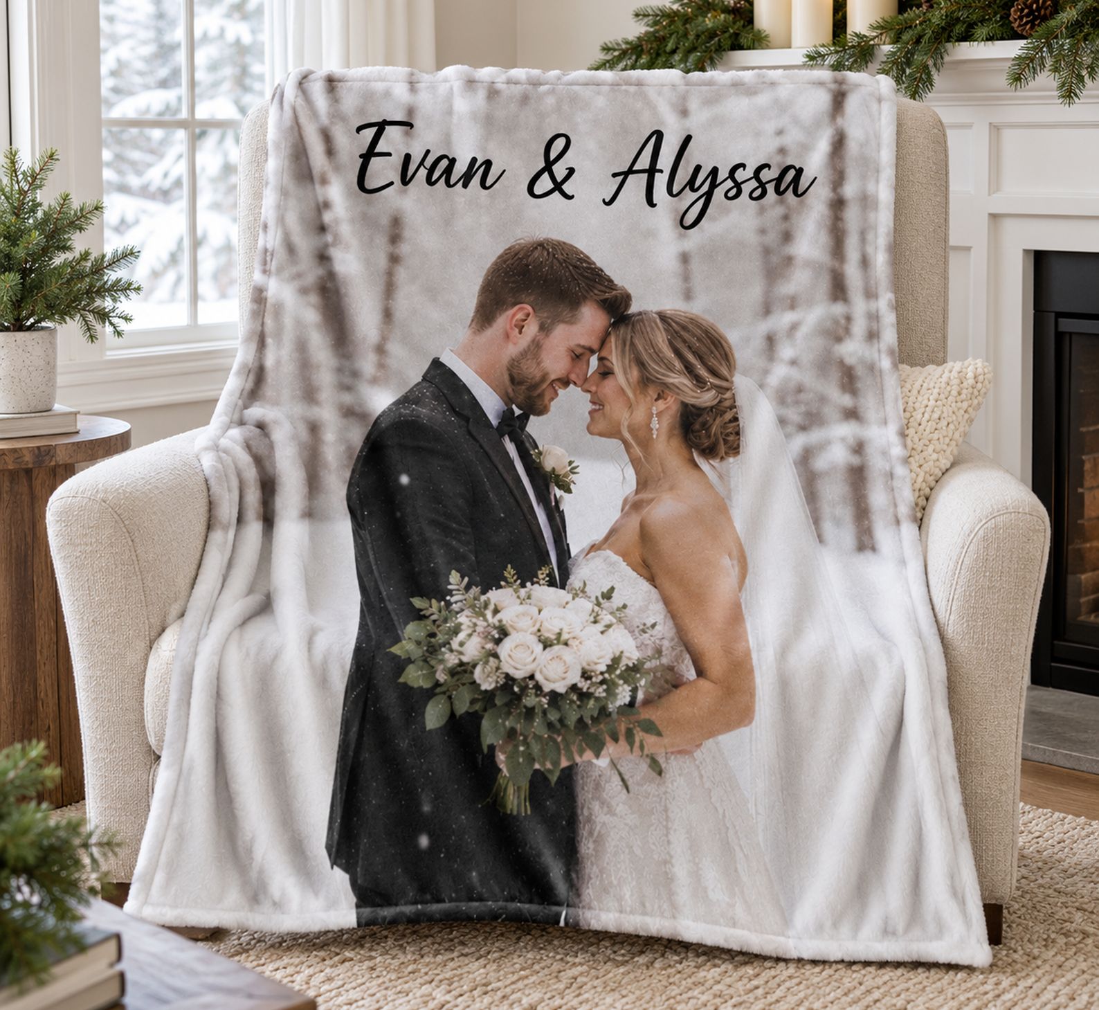 Custom Photo Couple Blanket on an armchair beside a holiday fireplace mantel