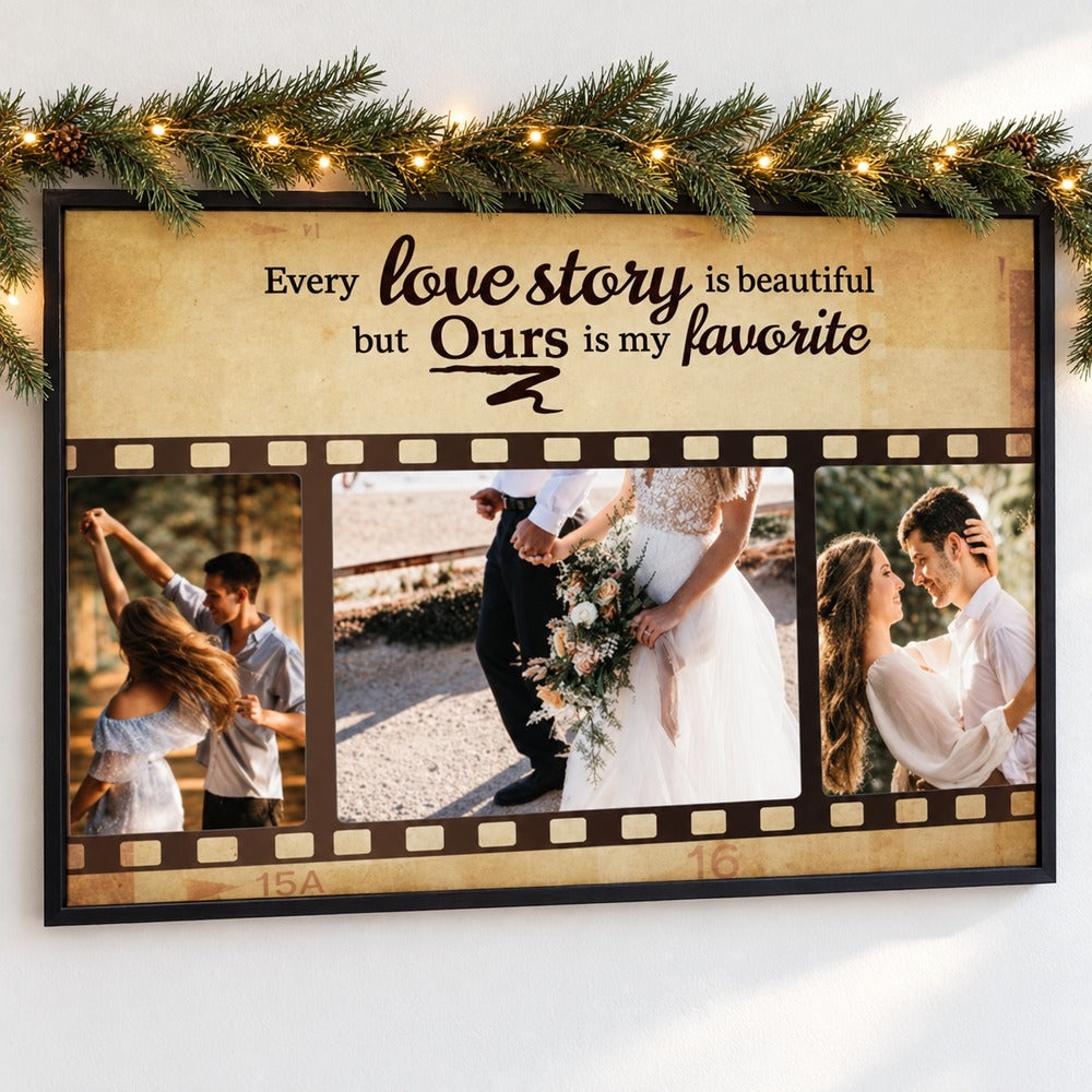 Custom photo couple love story film strip wall art hanging on wall with holiday garland
