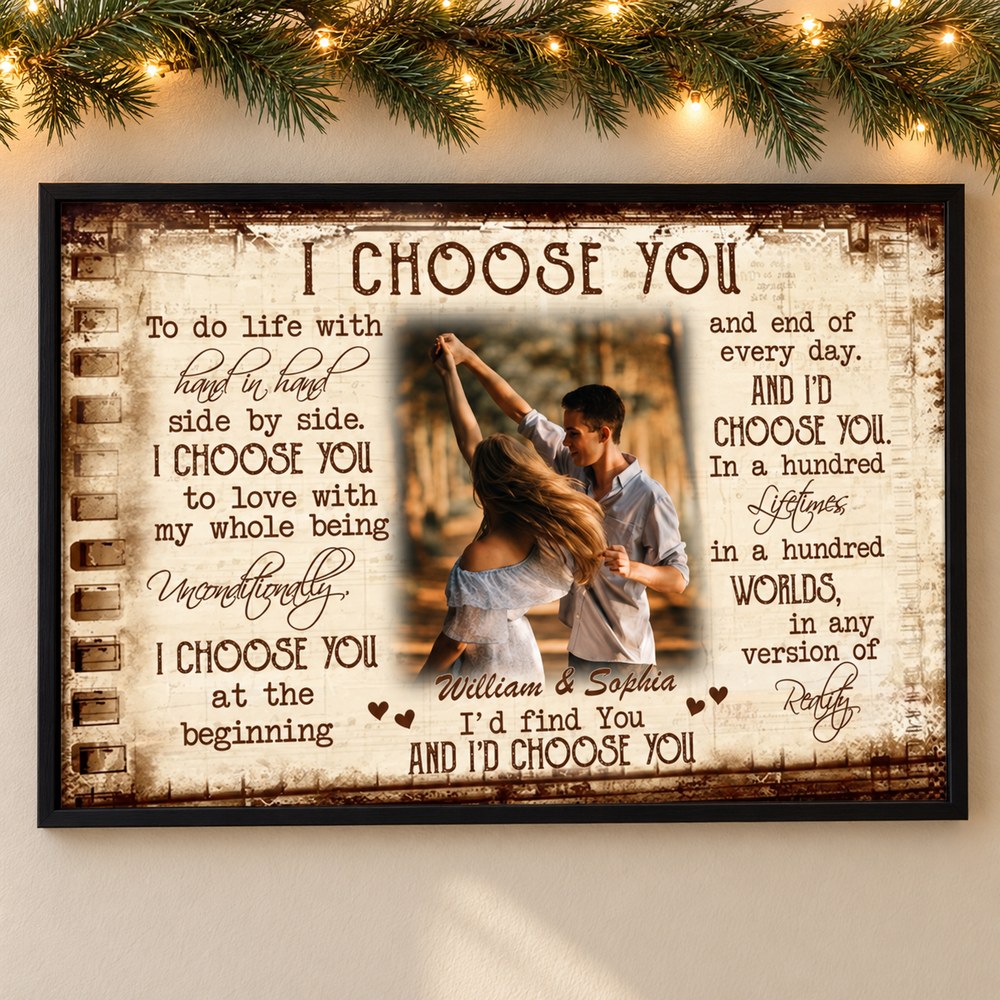 Custom Photo Couple I Choose You framed print on wall with holiday garland and fairy lights