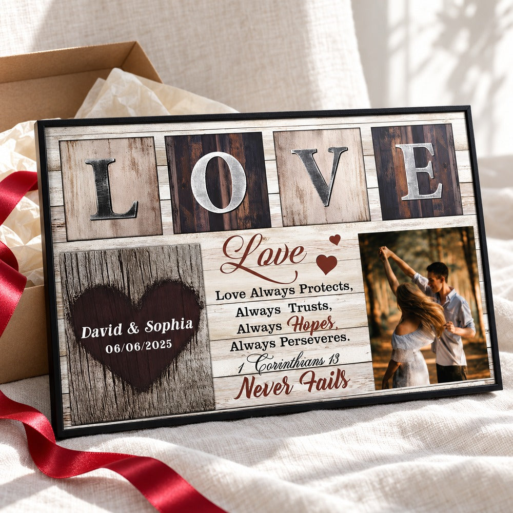 Personalized Couple Love Never Fails framed poster presented with holiday ribbon and tissue paper