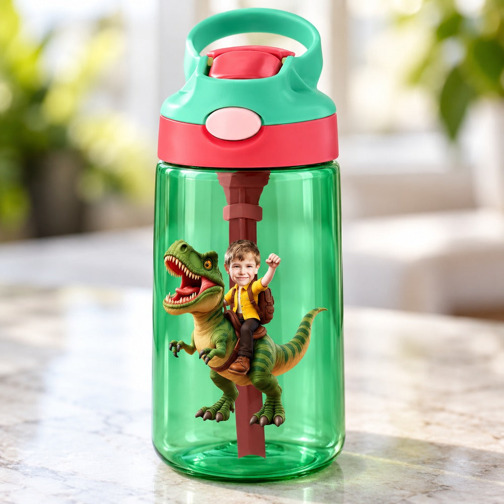 Close up detail of custom photo boy riding T-Rex print on green water bottle